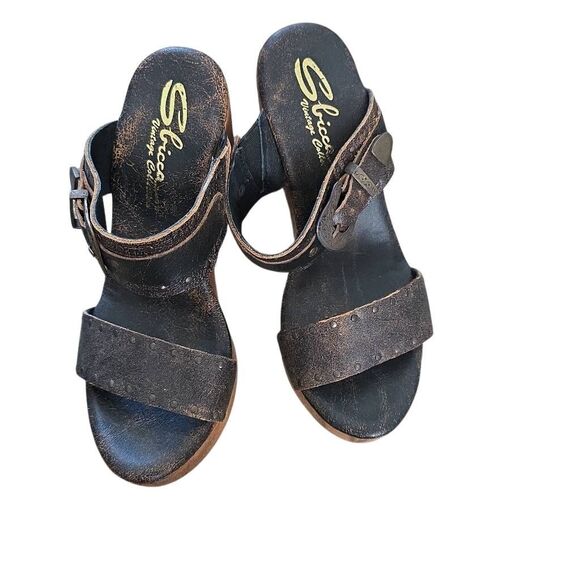 Sbicca Women's Size 7 Brown Distressed Leather Wood Western Style Heels - Picture 4 of 5